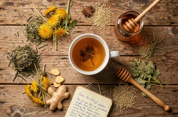 Vue de dessus d'une sélection d'herbes médicinales pour tisane minceur avec une tasse de thé et un carnet de notes sur bois rustique