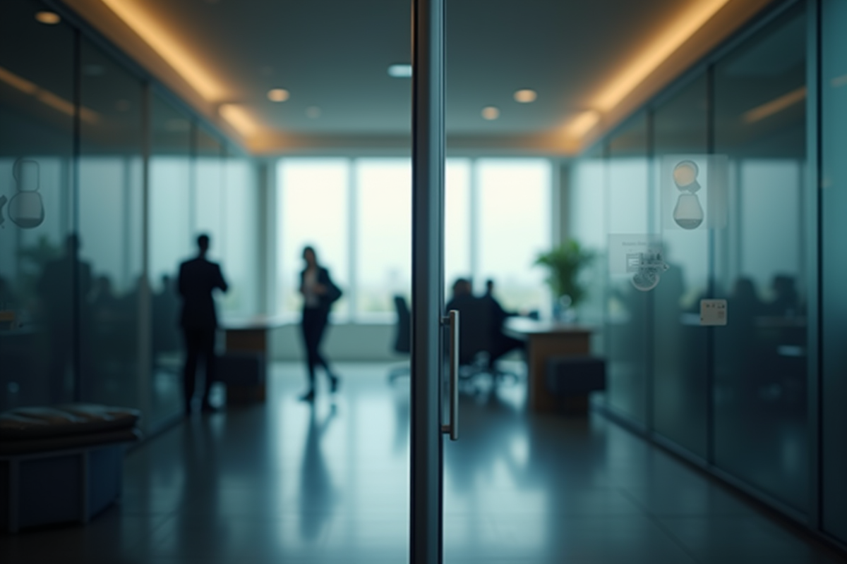 Porte de bureau fermée avec silhouettes en discussion derrière
