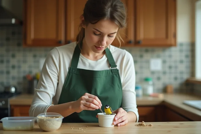 Young woman preparing food for a great tit found fallen from the nest in a kitchen