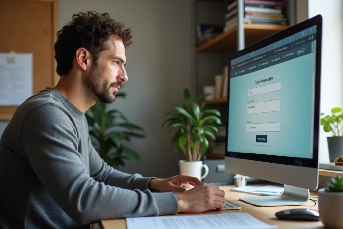 Professeur se connectant à IProf depuis son bureau à domicile sur un ordinateur fixe
