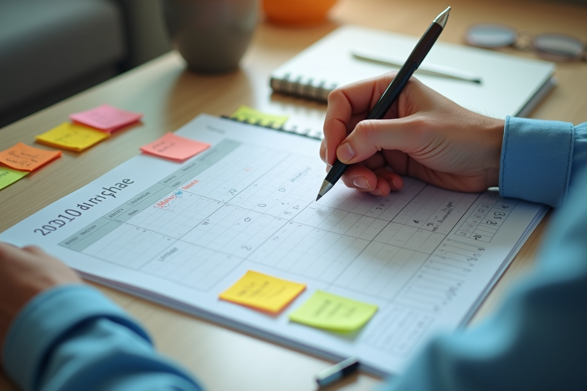 Professionnel organisant ses tâches sur un bureau clair