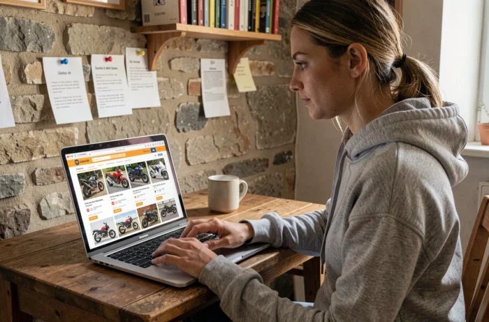 Femme recherchant des pièces moto d'occasion sur internet depuis son bureau à domicile