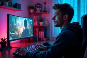 Jeune homme regardant un stream en direct sur un grand écran ultrawide dans un bureau gaming moderne