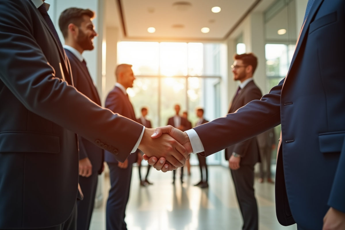 Entrepreneurs serrant la main avec des officiels dans un hall lumineux