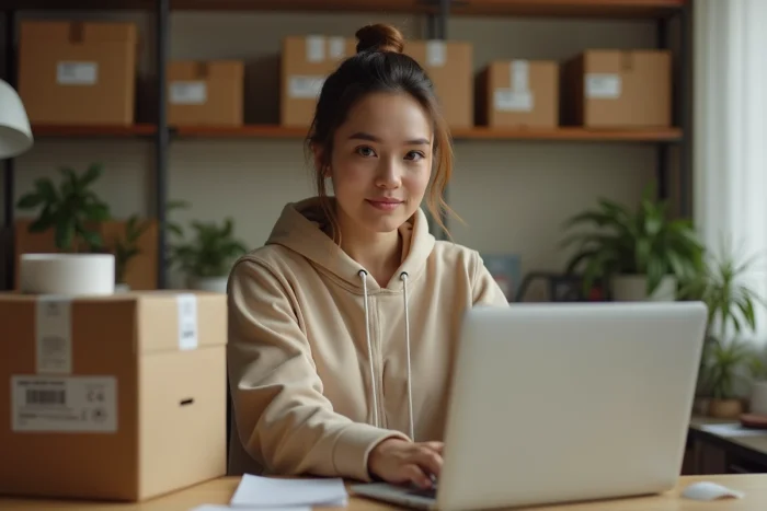 Revendeuse en ligne gérant des commandes depuis son bureau à domicile, représentant l'activité de resell sur les marchés secondaires