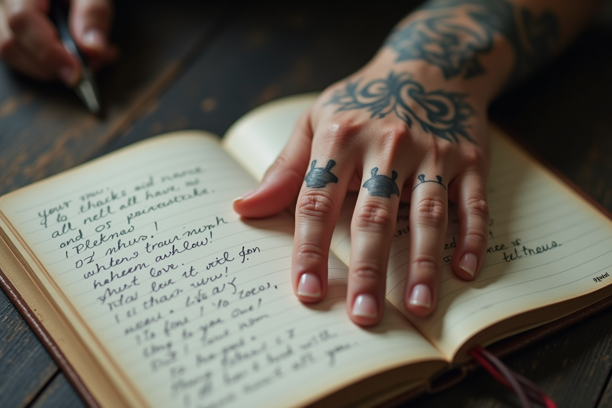 Main avec tatouages et carnet de pensées d