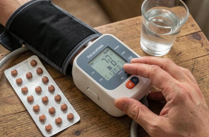 Tensiomètre et paracétamol sur une table en bois illustrant la surveillance de la tension lors d'un malaise vagal