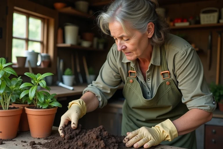 Femme jardinière testant la texture d'un terreau ancien dans un pot en terre cuite sur un établi de jardin