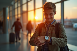 Jeune voyageur vérifiant l'heure à l'aéroport au lever du soleil