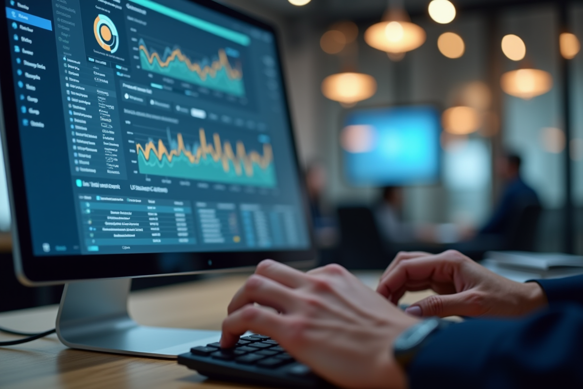 Vue de dessus d un propriétaire d entreprise utilisant un portail en ligne